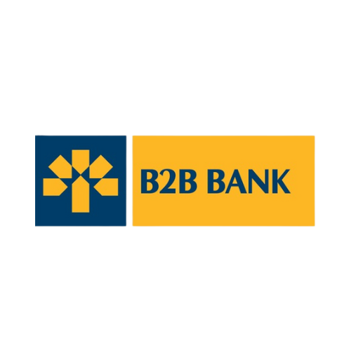 Logo of B2B Bank featuring a stylized geometric pattern on the left and the text "B2B BANK" on an orange background on the right.