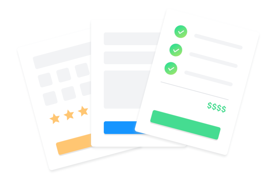 Three overlapping cards feature a grid with star ratings, a form with a blue button, and items with green checkmarks and dollar symbols.