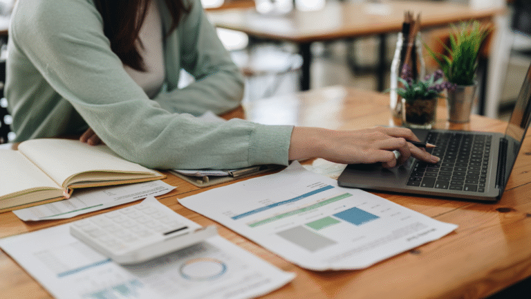 Person working at a desk with a laptop, open notebook, calculator, smartphone, and financial documents with charts and graphs.